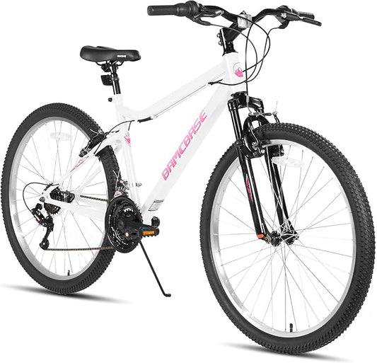 HILAND 26 Inch Womens and Mens Mountain Bike, 18 Speed Steel Frame Adult Bicycle, MTB Bikes with Suspension Fork, V Brake, Mountain Bicycle for Woman Man, Purple Green White
