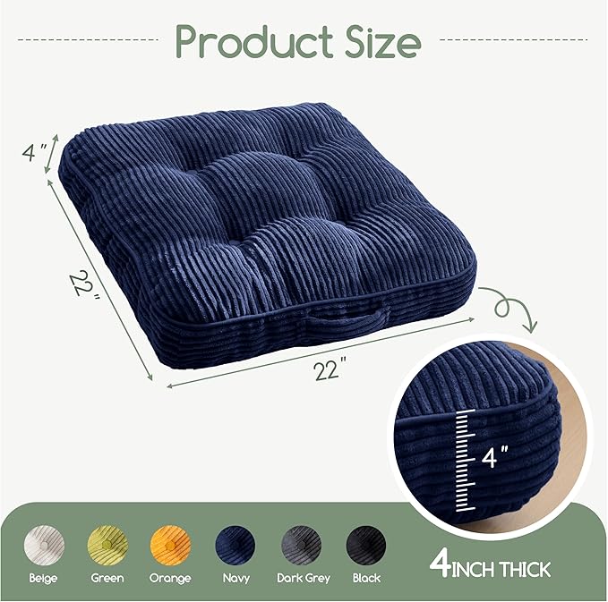 Washable Floor Pillow Cushion for Adults, Meditation Cushion Pillow, Large Square Floor Sitting, Removable Tufted Corduroy Cover, for Tatami Living Room or Yoga, 22x22 Inch, 2Pack, Machine Washable
