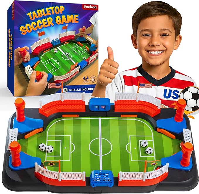 Soccer Board Game for Kids: Table Top Foosball Game for 3 4 5 6 7 8-12 Year Old Kids - Interactive Soccer Gift - Mini Football Table Game with Goal Bell, Score Counter & 6 Balls - Easy Set-up Gift