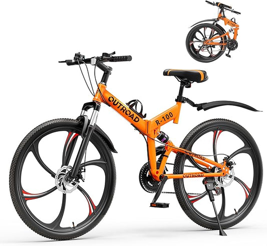 Betterland 26 Inch Folding Mountain Bike, 21 Speeds Full Suspension Foldable Bikes, Dual Disc Brake, High Carbon Steel Frame and Non-Slip Quick Release tire Bicycle for Adult