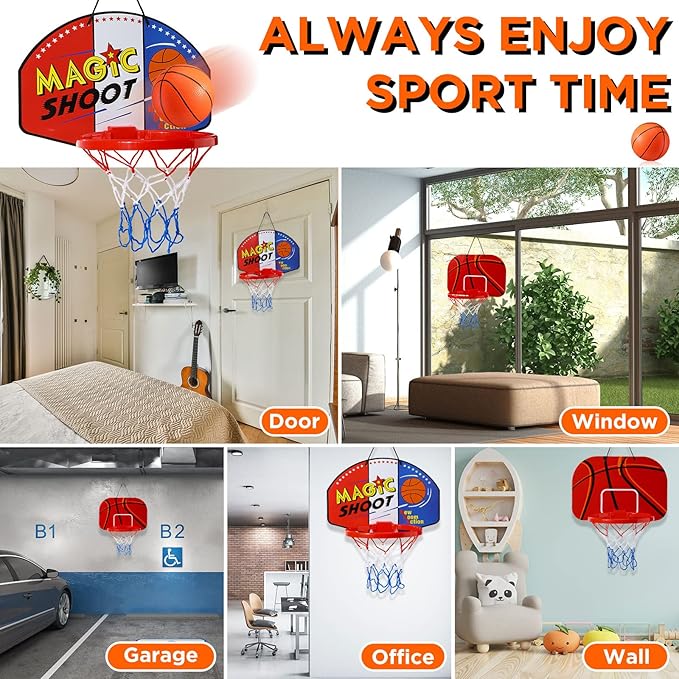 Sosation 2 Pcs Mini Basketball Hoop with 4 Basketball, Sticky Hook, Pump, Indoor No Drilling Basket Ball Hoop Decompress Game for Kid Adult Gift
