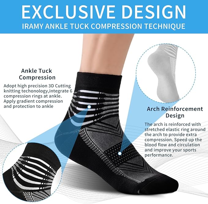 IRAMY Compression Ankle Support Socks Coolmax Wicking Cushioned Athletic Plantar Fasciitis Relief Men Women 2/3/6 Pairs