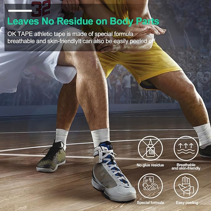 OK TAPE Athletic Sports Tape（12-Rolls) -45ft Per Roll Very Strong Tape for Athlete & Sport Trainers & First Aid Injury Wrap, Perfect for Fingers Ankles Wrist on Bat, Hockey Stick - White