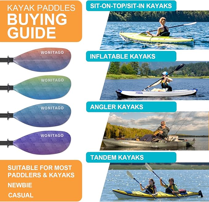 Kayak Paddle with Fiberglass Shaft and Reinforced Nylon Blade, Adjustable Kayaking Oars, 3 Piece, 230-250 cm/90-98 inches, 210-230 cm/82-90 inches