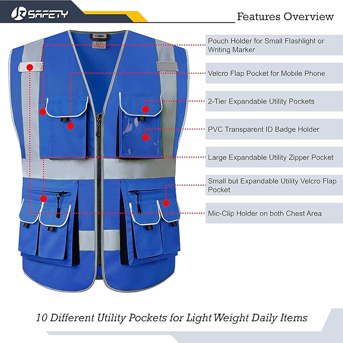 JKSafety 10 Pockets Blue Color Safety Vest Zipper Front with High Reflective Strips Meets ANSI/ISEA Standards (88-Blue, X-Large)