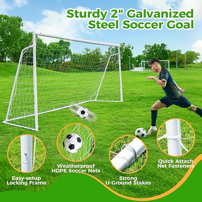 Soccer Goal 12x6,10x6.5, 8x6, 6x4FT Soccer Goals for Backyard Metal Soccer Goals for Kids Youth Adults Large Outdoor 2" Steel Soccer Goal Post Frame with Soccer Net Target Net Portable Agility Ladder
