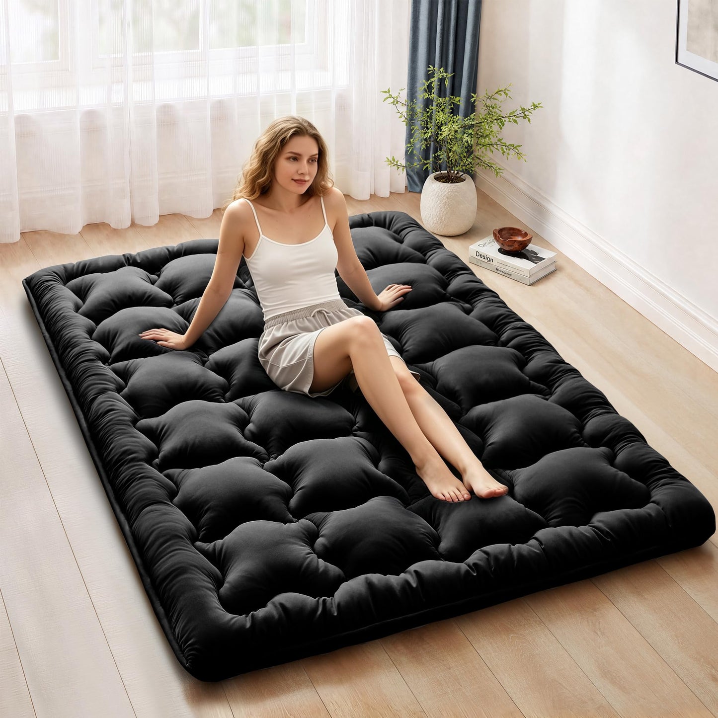 FARINA Japanese Futon Mattress Floor Mattress, Twin Size Shredded Memory Foam Roll Up Foldable Tatami Mat, Portable Sleeping Pad for Living Room Guest Room (Black, Twin)