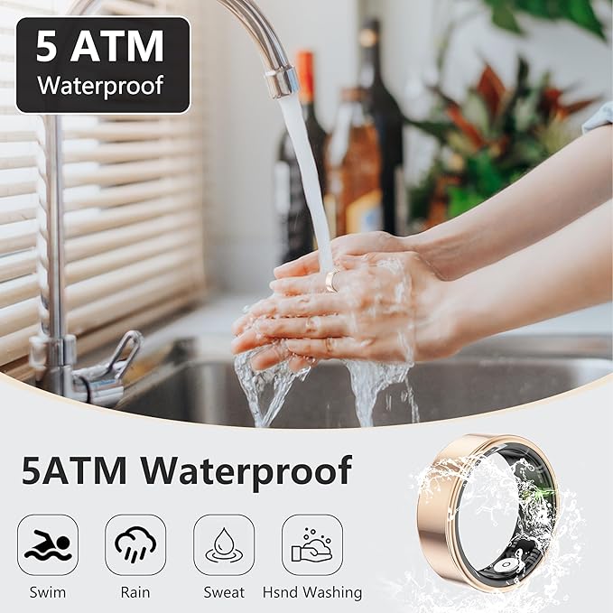 Thin Smart Ring for Fitness & Health Tracking -Pedometer,Sleep/Heart Rate/Blood Oxygen Monitor, Gesture Control / 5ATM Waterproof -No APP Subscription Compatible with Android& iOS (Rose Gold, 12)