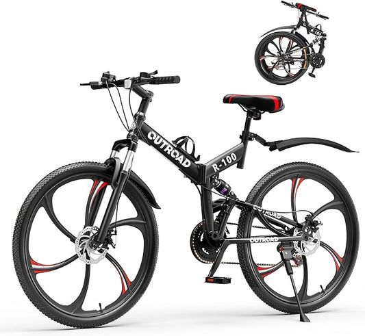 Betterland 26 Inch Folding Mountain Bike, 21 Speeds Full Suspension Foldable Bikes, Dual Disc Brake, High Carbon Steel Frame and Non-Slip Quick Release tire Bicycle for Adult