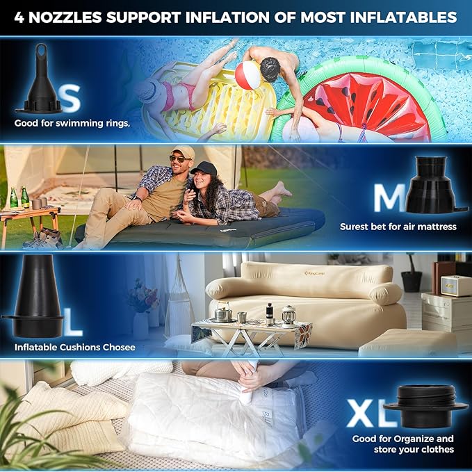 KingCamp Air Pump for Inflatables, Portable Quick-Fill Inflator/Deflator Air Mattress Pump Electric Air Pump with 4 Nozzles for Outdoor Camping Mat & Sleeping Pad