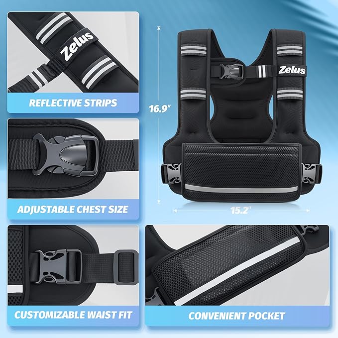 ZELUS Weighted Vest for Women Men, 4-10lb/11-20lb/20-32lb Adjustable Weight Vest with 6 Iron Sand Bags, U-Shaped Rucking Vest with Adjustable Buckle Straps, Workout Vest for Strength Training, Black