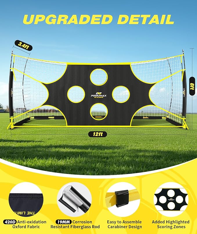 PodiuMax 12' x 6' Soccer Goal Target Nets with Highlighted Scoring Zones, Portable Shooting Practice Equipment
