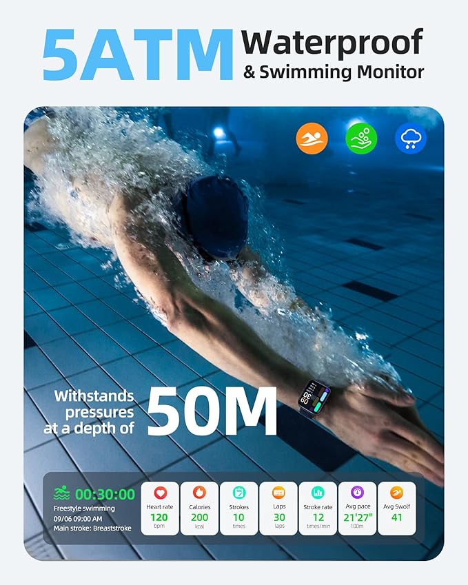 Parsonver Smart Watch, 5ATM Waterproof Watch for Swimming, Fitness Activity Tracker with 110+ Sports Modes, Heart Rate/Sleep/SpO2/Calories Monitor, Pedometer, Fitness Watch for Android & iPhone, Black
