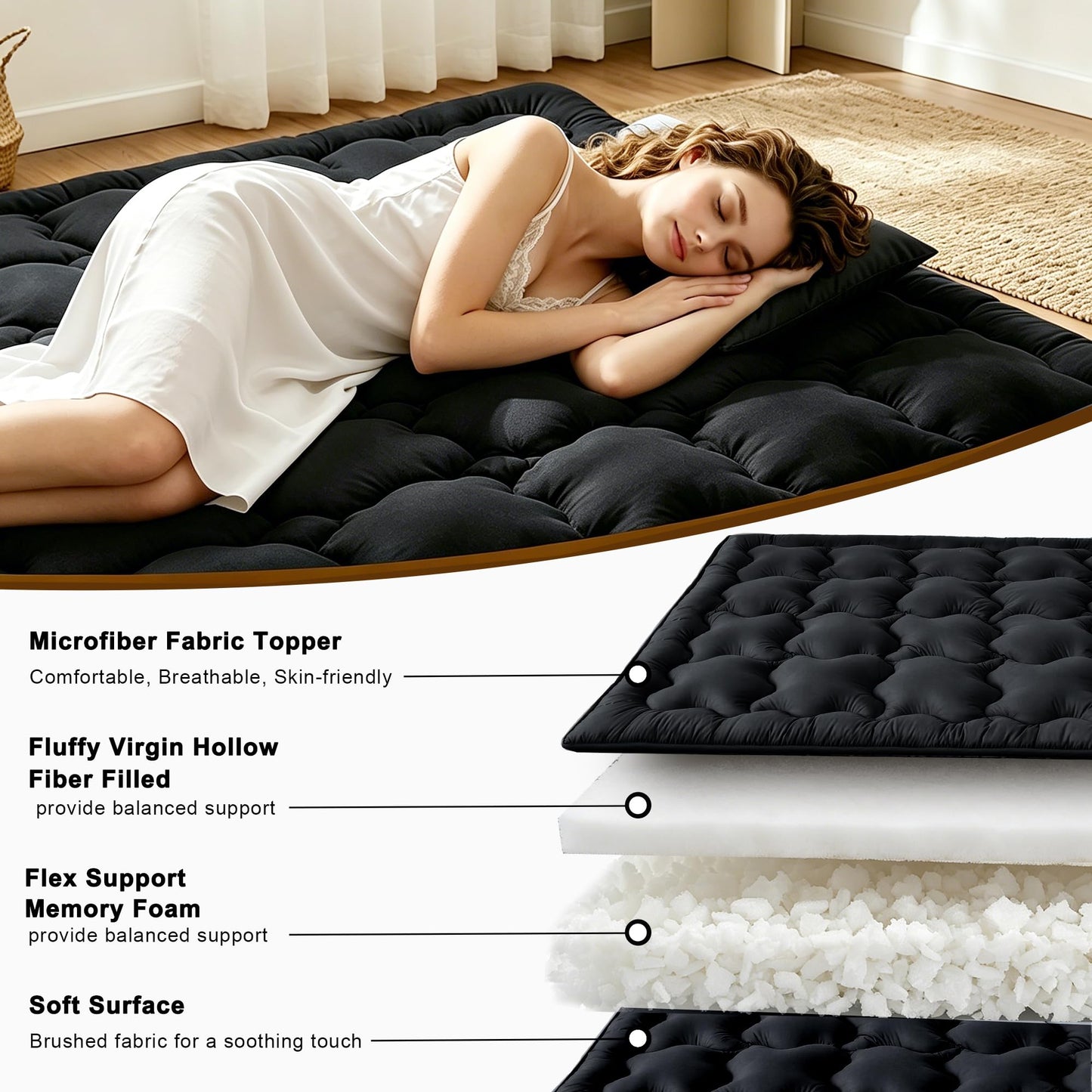 FARINA Japanese Futon Mattress Floor Mattress, Twin Size Shredded Memory Foam Roll Up Foldable Tatami Mat, Portable Sleeping Pad for Living Room Guest Room (Black, Twin)