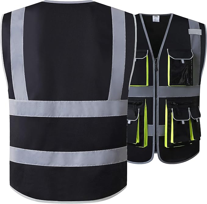 JKSafety 10 Pockets Black Color Safety Vest Zipper Front with High Reflective Strips Meets ANSI/ISEA Standards (88-Black, Large)