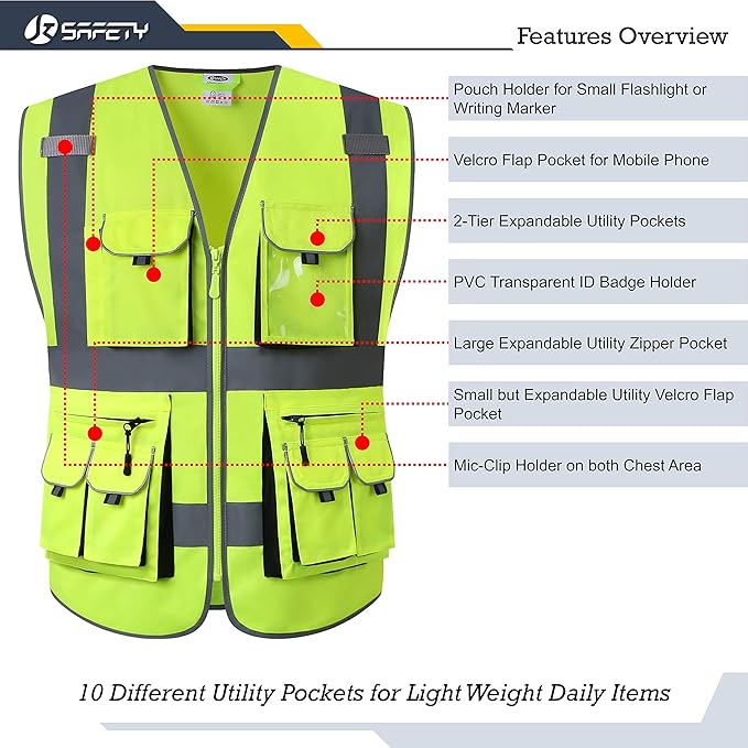 JKSafety 10 Pockets Class 2 High Visibility Zipper Front Yellow Safety Vest with High Reflective Strips Meets ANSI/ISEA Standards (3X-Large, 88-Yellow)