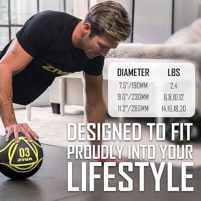 ZIVA Medicine Ball – Durable Rubber Weighted Ball with Easy-Grip Textured Shell for Core, Balance and Strength Training – Commercial Quality (Black, 4–12 lb)