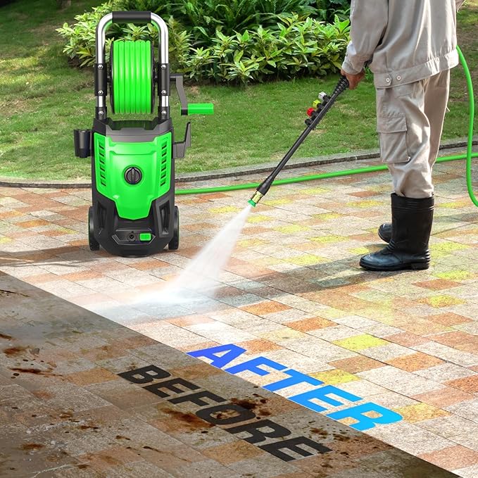 4800 PSI Pressure Cleaner- 4.0 GPM High Power Cleaner with 33FT Hose Reel, 4 Spray Tips and Soap Bottle for Car Washing, Fence Cleaning, Patio Maintenance（Upgraded）(Light Green)