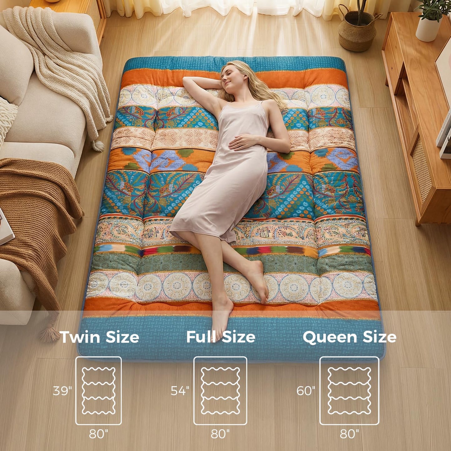 XICIKIN 2.5" Japanese Floor Mattress, Foldable Floor Mattress with Washable Cover Japanese Futon for Camping, Guest (Bohemian, Twin)