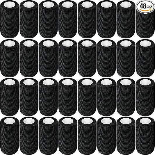 Treela 48 Pack Self Adhesive Wrap Bandage Bulk, Self Adherent Cohesive Bandage Elastic Athletic Tape Breathable Wound Tape for Stretch Athletic Sports Wrist Ankle(Black,4 Inches X 5 Yards)