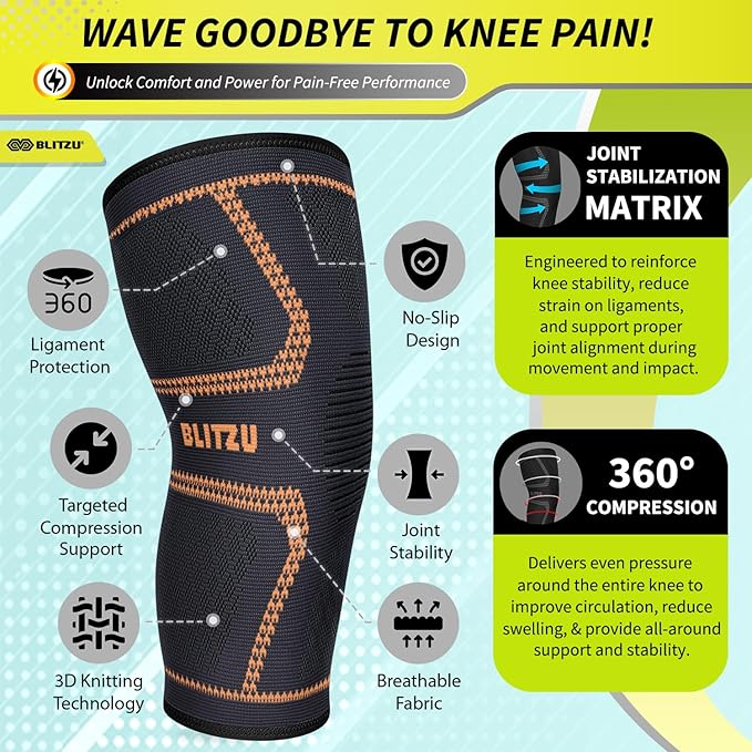 Knee Brace for Women & Men, 2 Pack Compression Knee Brace, Knee Support Sleeve for Pain Relief, Running, Workout, Sports, Knee Braces for ACL, Meniscus Tear, Arthritis and Injury Recovery Orange M