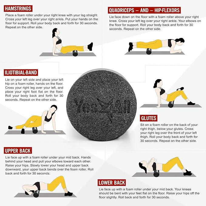 Yes4All Medium Firm Round PE Foam Roller 12, 18, 24, 36 Inches for Pilates, Yoga, Stretching, Balance & Core Exercises