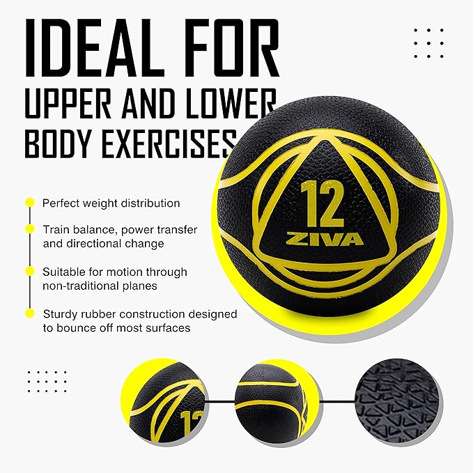 ZIVA Medicine Ball – Durable Rubber Weighted Ball with Easy-Grip Textured Shell for Core, Balance and Strength Training – Commercial Quality (Black, 4–12 lb)