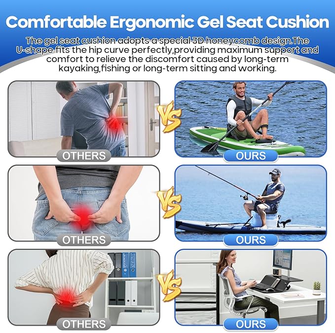 2PCS Anti Slip Kayak Gel Seat Cushion with Cover, Waterproof Seat Cushion Kayak Seat Pad for Sit in Inflatable Kayak, Canoe & Boat Fishing, Rowing, Lifetime Kayak Accessories (Black)