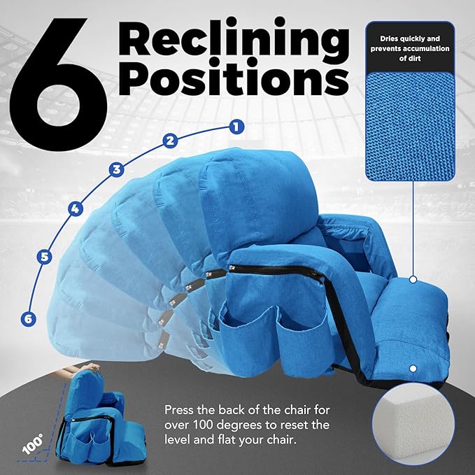 Wide Stadium Seats with Back Support, Exclusive Sofa Style Design Extra Thick Bleacher Chairs with Back and Cushion, 6 Reclining Positions - Ultimate Comfort for Sports Events (Blue, 22.5")
