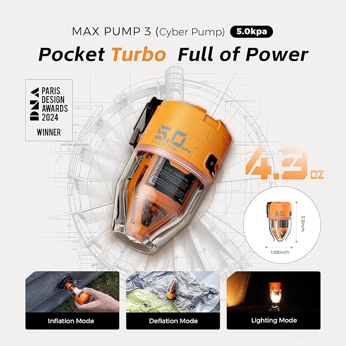 FLEXTAILGEAR Max Pump 3 Air Pump for Inflatables, 5Kpa Portable Air Pump, 500L/min Air Mattress Pump with Camping Light, Electric Pump for Inflatable Pillows Swim Rings Air Mattresses Air Bed Boats