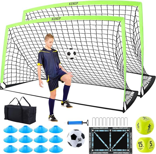 2 Pack Kids Soccer Goal for Backyard Set 9x5FT Portable Pop Up Soccer Net Training Equipment with Soccer Ball, Training Dice Mat, Cones and Carry Bag for Youth Toddler Teams Indoor Outdoor Sport Game