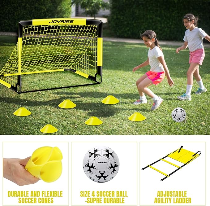Kids Soccer Goals for Backyard Set, Portable Toddler Soccer Goal 2 of 4x3 ft, 6x4 ft, 7x5 ft, Soccer Training Equipment, Pop Up Soccer Net Kit with Size 4 Soccer Ball, Youth Games, Outdoor Sports Play