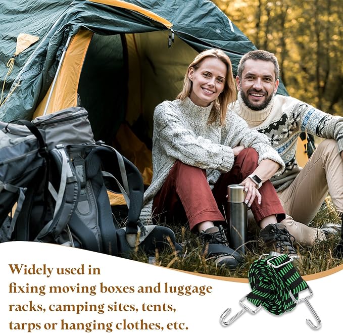 uxcell 4Pcs Adjustable Bungee Cords with Hooks, 79 Inch Flat Heavy Duty Elasticity Straps Rubber Bungee Cords with Buckle for Outdoor, Camping, Tarp, Bike Rack, Luggage, Black Green