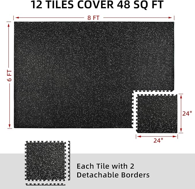 0.79in Extra-Thick 48 Sq Ft Exercise Equipment Mats, 12 Tiles Rubber Top EVA Foam Workout Mats, Interlocking Gym Flooring for Home Gym, 24 x 24in, Black & White