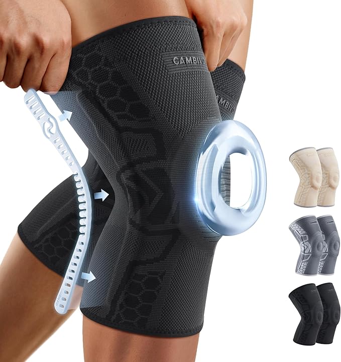 CAMBIVO 2 Pack Knee Brace for Men and Women, Knee Sleeves for Men with Patella Gel Pad and Side Stabilizers, Knee Compression Sleeves for Knee Pain Relief, Running, Workout, Daily Use