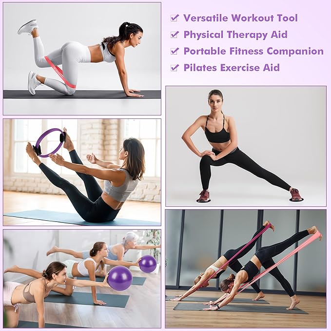 Pilates Ring Set Exercise Equipment with Exercise Bands Resistance Bands Set, Pilates Ball, Sliding Disks – Workout Equipment Home Gym Includes Complete Fitness Poster