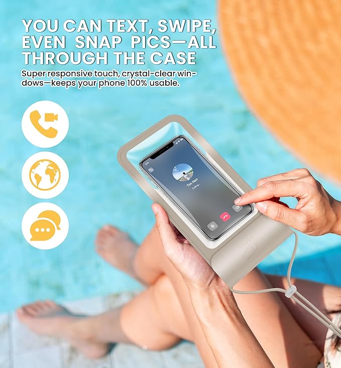 HiRui Universal Waterproof Phone Pouch with Touch Screen, IP68 Waterproof Phone Case Dry Bag for Beach, Compatible with iPhone 16/Pro/Plus/Max/15/14, Galaxy S24+/25+, Fits up to 6.9" (Gold, X-Large)
