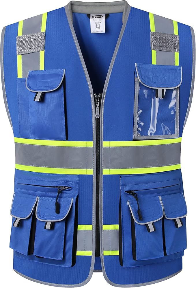 JKSafety 10 Pockets Hi-Vis Zipper Front Fluorescent Blue Safety Vest | Cushioned Collar | High Reflective Tapes with Extended Neon Yellow Strips | Meets ANSI/ISEA Standards (Large, 89-Blue)