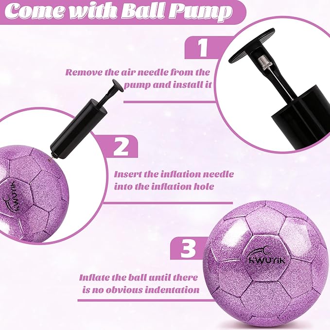 Size 3 4 5 Glitter Pink Gold Purple Soccer Ball Set with Pump Youth Soccer Ball for Kids Aged 4-6 6-8 8-12 Toddler Soccer Ball Soft Training Ball Practice for Teens Children Adults Boys Girls