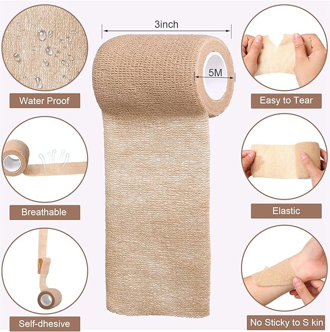 Treela 48 Pack Self Adhesive Wrap Bandage Bulk, 3 Inch x 5 Yard Self Adherent Cohesive Bandage Elastic Athletic Tape Breathable Wound Tape for Stretch Athletic Sports Wrist Ankle(Nude)
