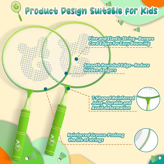 JOY SPOT! Kids Badminton Rackets Set with Soft Grip, Oversize & Lightweight Shuttlecocks Racquet with Carry Bag for Children Youth, 2 Player Sport Game for Indoor Outdoor Backyard