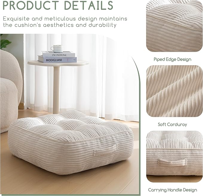 8" Washable Floor Pillow Cushion for Adults, Meditation Cushion Pillow, Large Square Floor Sitting, Removable Tufted Corduroy Cover, for Tatami Living Room or Yoga, 22x22 Inch, Machine Washable