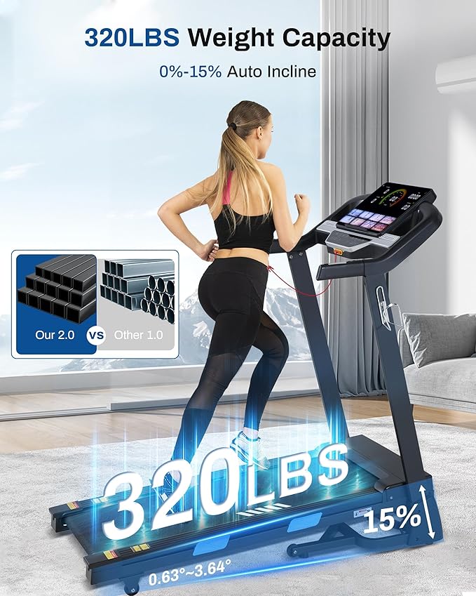 Auto Incline Treadmill - 300+ LBS Capacity 3.5HP Folding Treadmills with 15% Auto Incline, Running Machine for Home, 10 MPH Speed, 36 Preset Programs, Upgrade LCD Panel, Bluetooth App