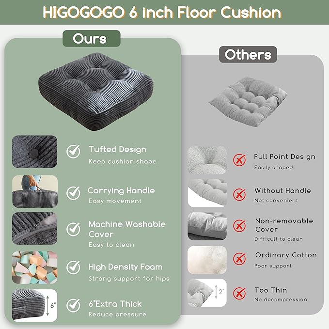 6" Washable Floor Pillow Cushion for Adults, Meditation Cushion Pillow, Large Square Floor Sitting, Removable Tufted Corduroy Cover, for Tatami Living Room or Yoga, 22x22 Inch, 2Pack, Machine Washable