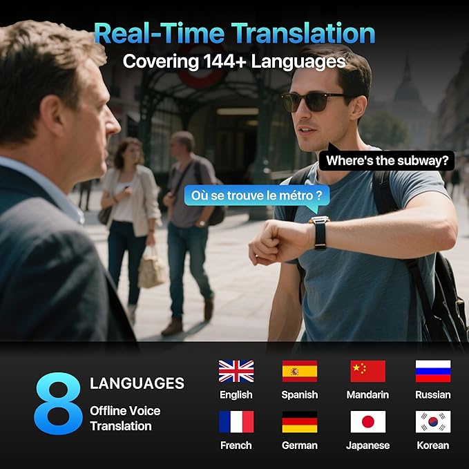 AI ChatGPT Translator Watch, Fitness Tracking, Heart Rate & Sleep Monitor, OLED Display, Titanium Alloy Waterproof, Multi-Sport Modes, Black