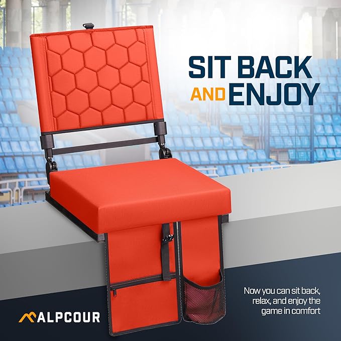 Extra Wide Folding Reclining Stadium Seat with Back Suppot for Bleachers, Bleacher Hooks, Thick Cushion, Cup Holder, Storage Pockets – Portable Chair for Kayak, Canoe, Paddle Board, Concerts, & Sports