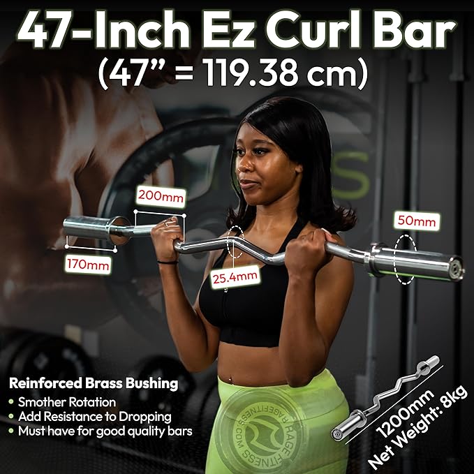 EZ Curl Bar – 47 Inch, 2 inch | 17lbs Alloy Steel with Chrome Finish & Nylon Bushings EZ Bar with 400lbs Max Capacity – Home Gym Curling Bars for Weightlifting & Other Upper & Lower Body Movements