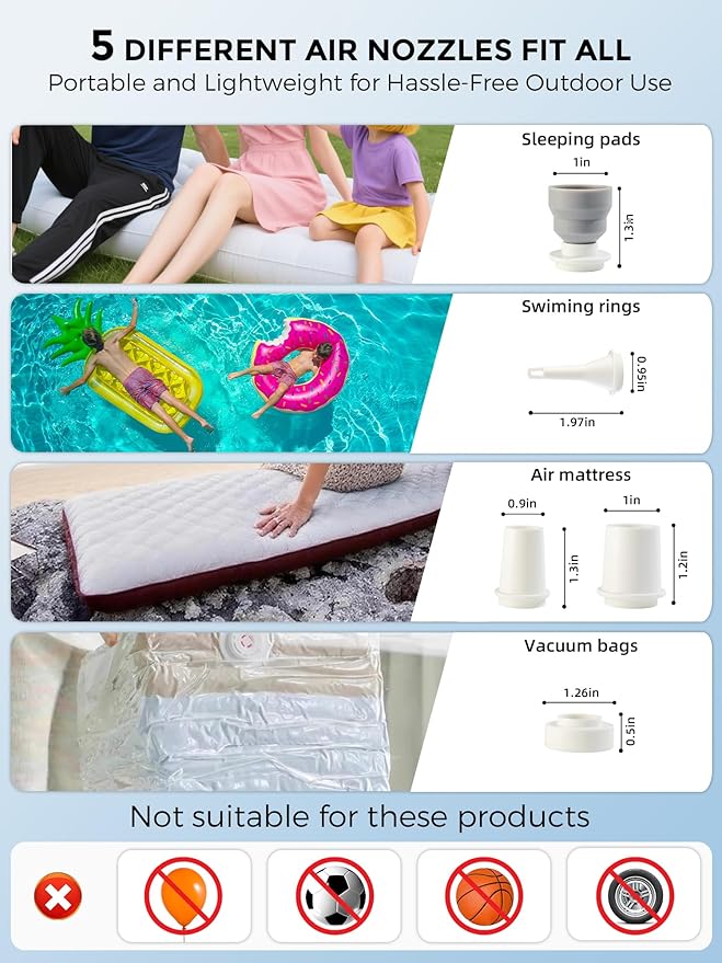 Qunature Air Pump Portable Mini Electric Pump for Inflatables with 1500mAh Battery Camping Light Rechargeable USB Inflate Deflate for Air Bed Mattress,Pool Floats,Swimming Ring,Vacuum Storage Bags