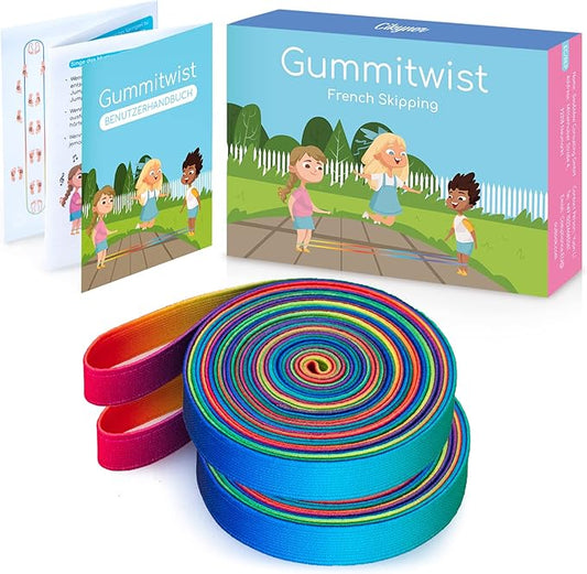 Cikyner Chinese Jump Rope, 2 Pack 4m Long 1.5cm Wide Elastic Chinese Ropes with Instructions French Skipping Rainbow Band for Children Jumpsies Games Indoors and Outdoors, Ideal for Gifts for Kids