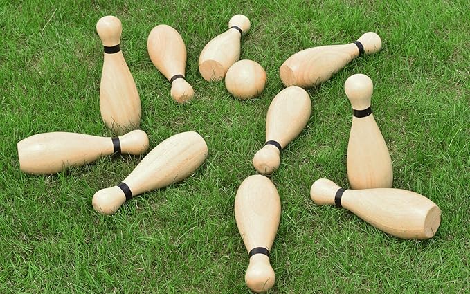 NI-ROU Outdoor Giant Lawn Bowling Games Rubber Wooden Lawn Set Fun Sports Games Outside or Indoor for Family Adults and Kids Backyard Skittles Carrying Bag with 10 Pins and 2 Balls